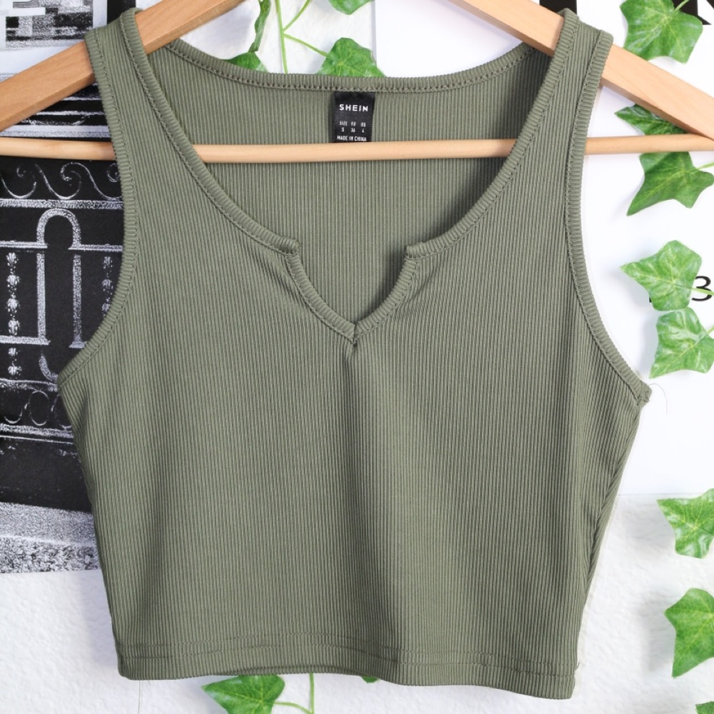 SHIEN Army Green Ribbed Crop Top, Size Small
